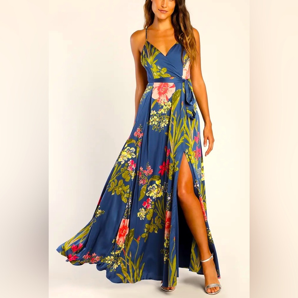 Lulu's Navy Floral Wrap Maxi Dress with Pink & Green Accents